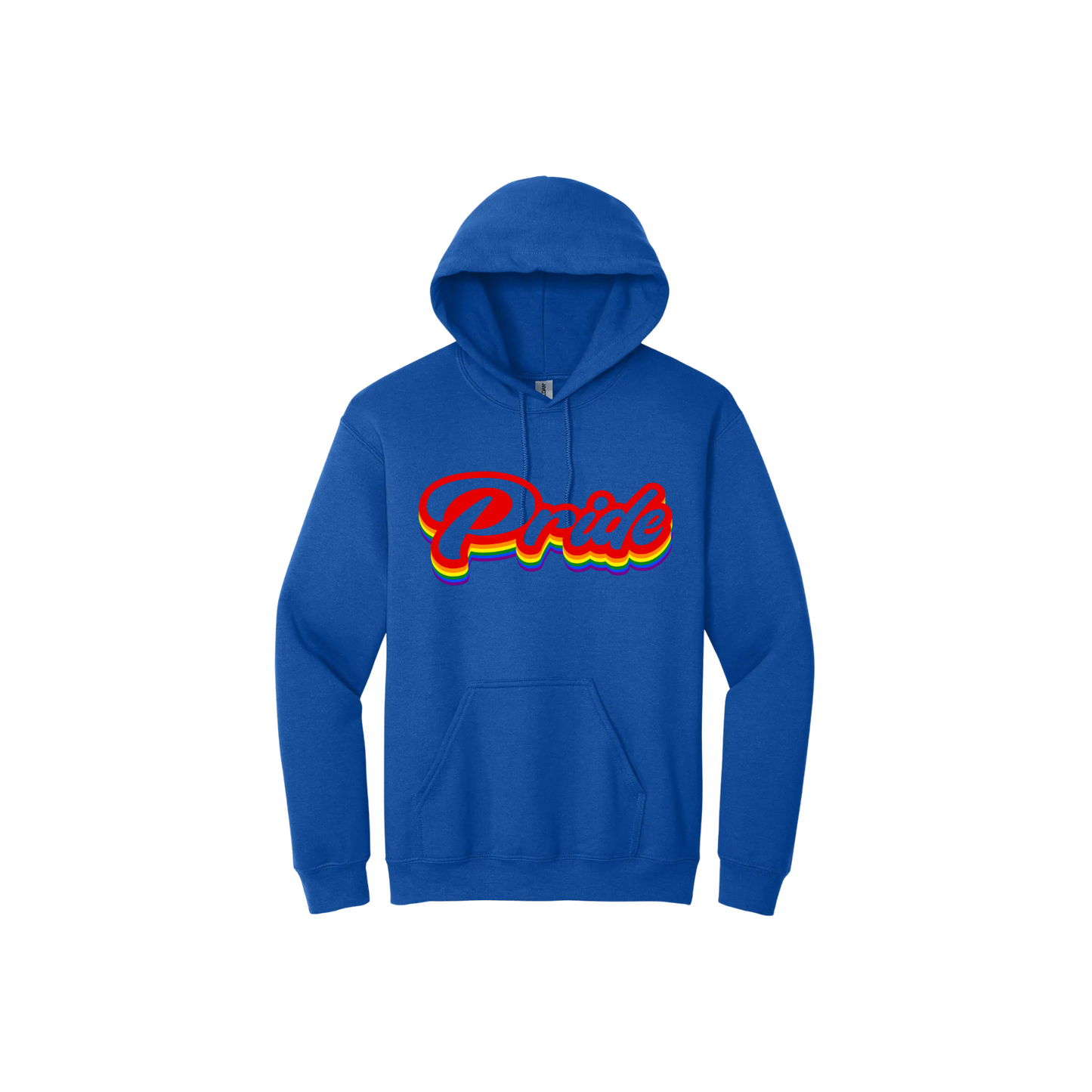 Blue unisex hoodie featuring rainbow colored text in a vintage font that reads 'Pride'.