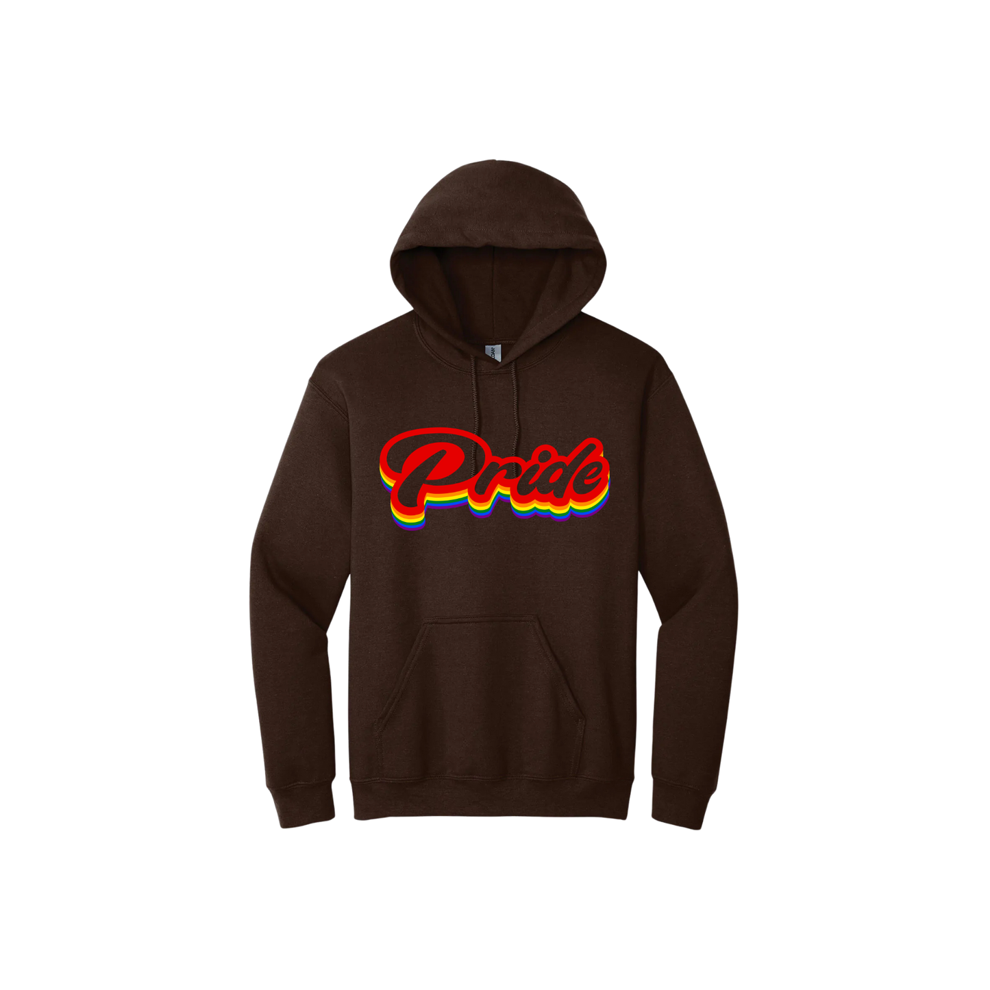 Brown unisex hoodie featuring rainbow colored text in a vintage font that reads 'Pride'.