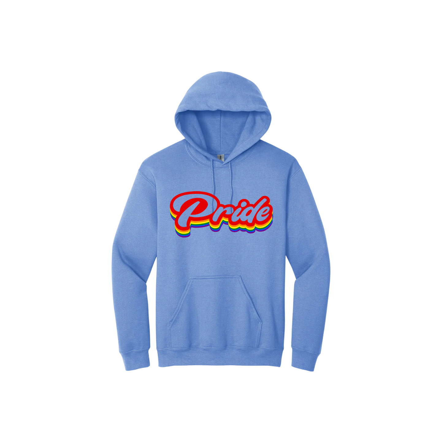 Carolina blue unisex hoodie featuring rainbow colored text in a vintage font that reads 'Pride'.