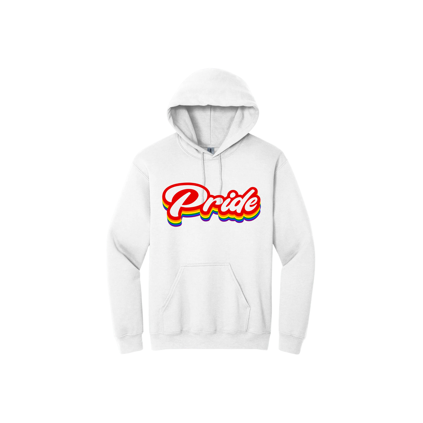 White unisex hoodie featuring rainbow colored text in a vintage font that reads 'Pride'.