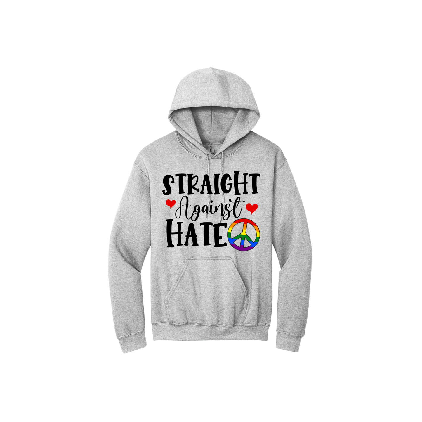 Grey unisex hoodie featuring text that reads 'Straight Against Hate' with graphics of red hearts and a rainbow coloured peace symbol.