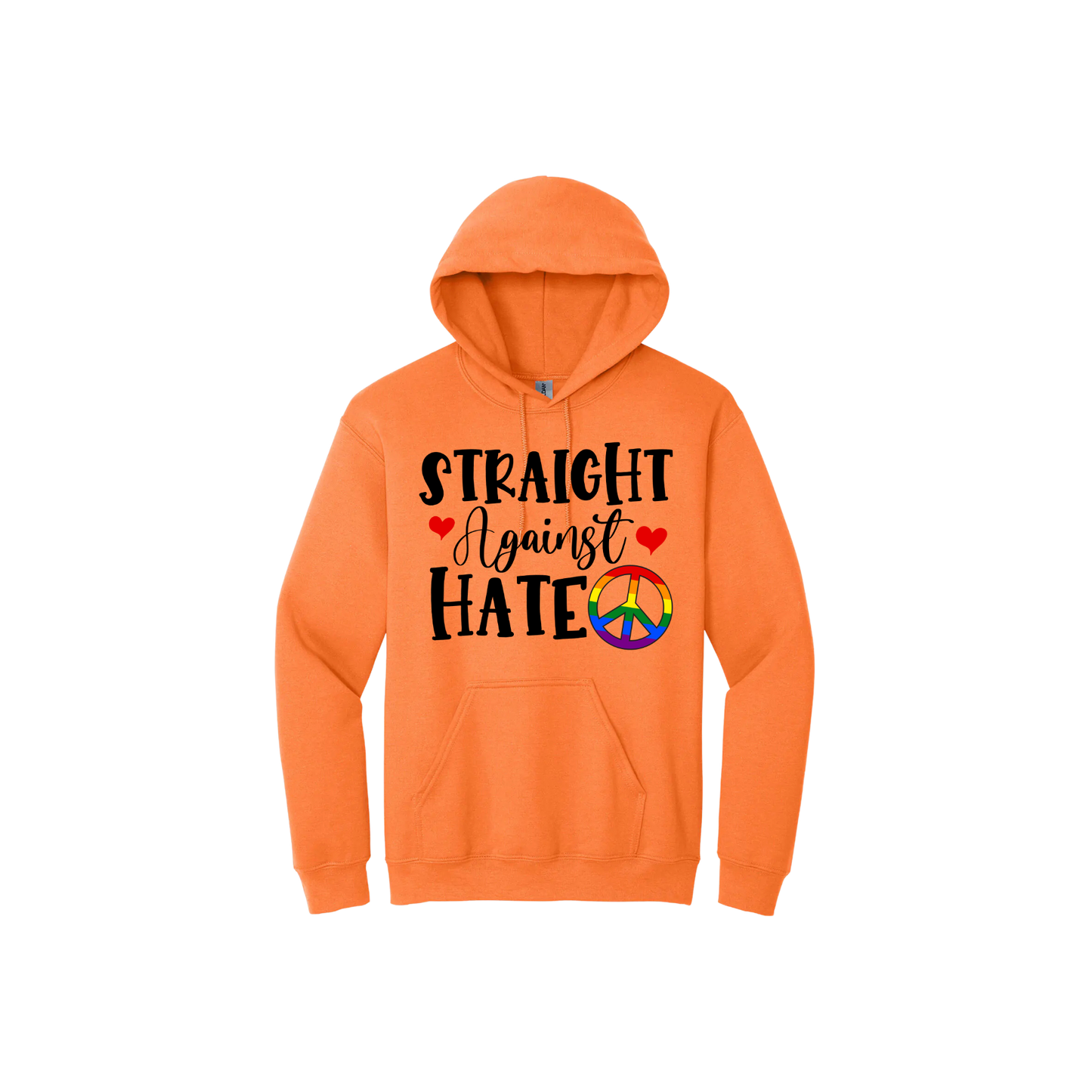 Orange unisex hoodie featuring text that reads 'Straight Against Hate' with graphics of red hearts and a rainbow coloured peace symbol.