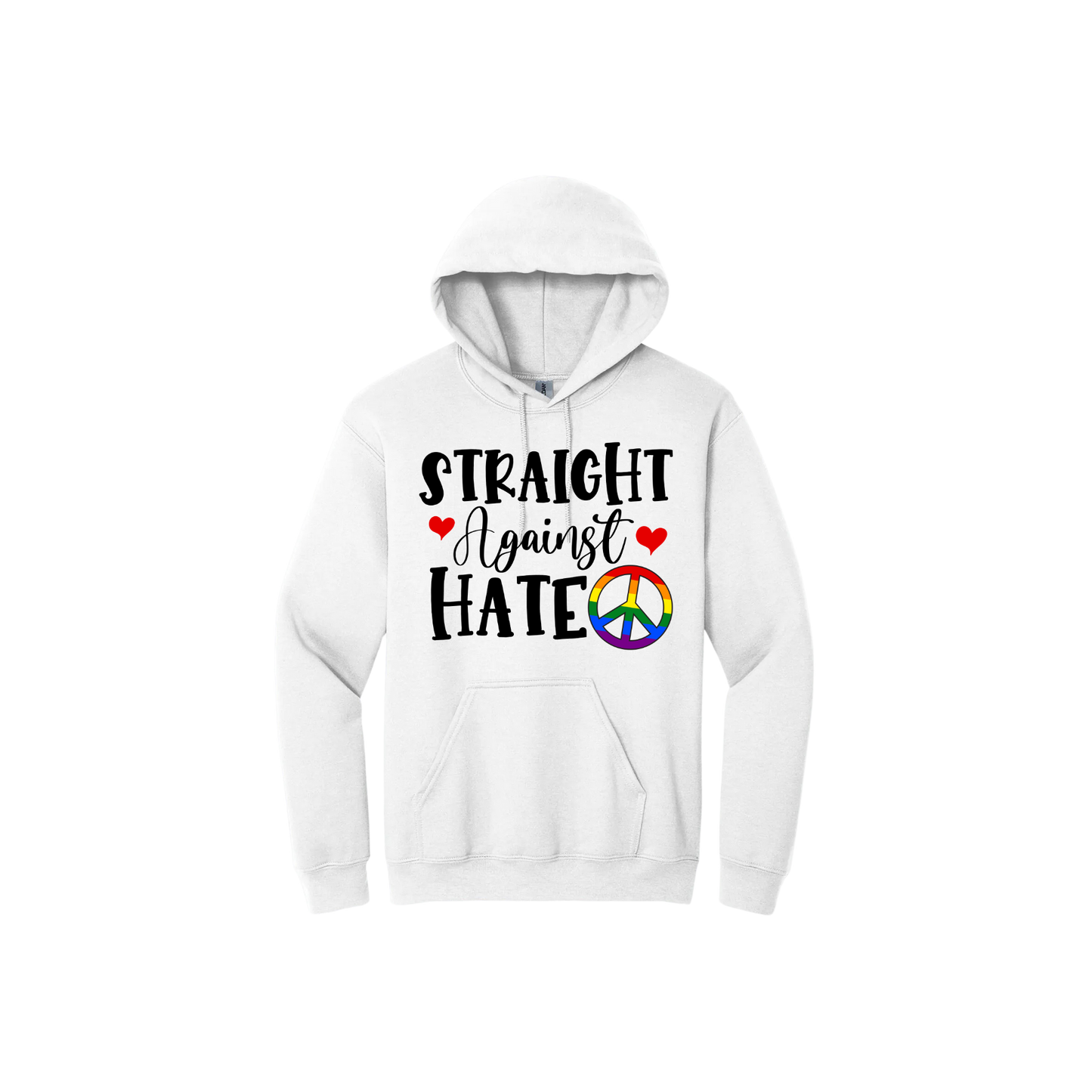 White unisex hoodie featuring text that reads 'Straight Against Hate' with graphics of red hearts and a rainbow coloured peace symbol.