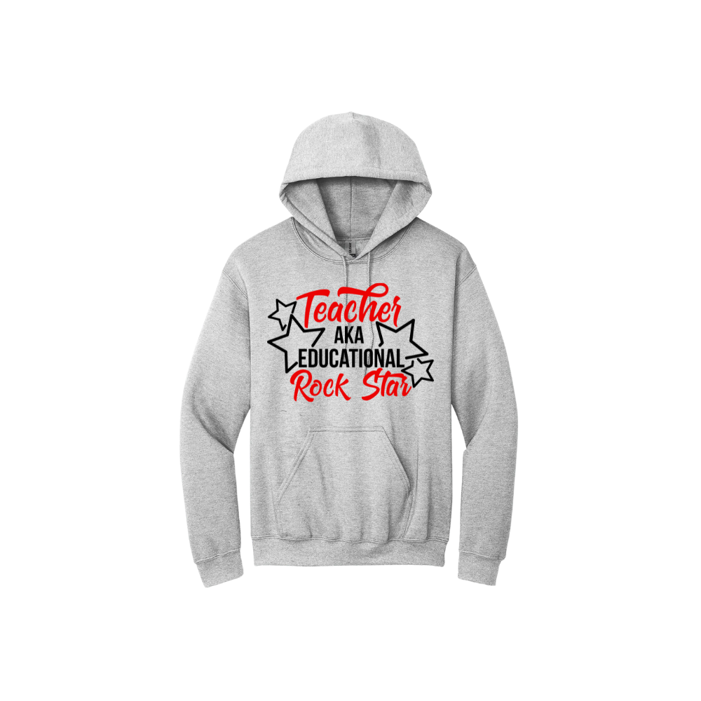 Grey unisex hoodie featuring text that reads 'Teacher AKA Educational Rock Star' along side graphics of stars.