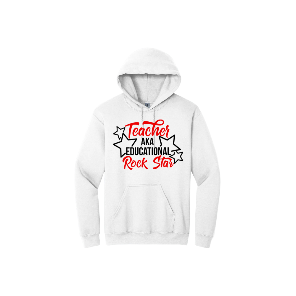 White unisex hoodie featuring text that reads 'Teacher AKA Educational Rock Star' along side graphics of stars.
