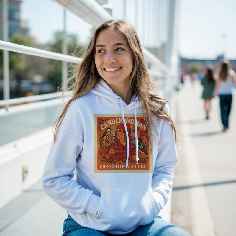 Woman wearing a hoodie with a graphic design sitting outdoors.