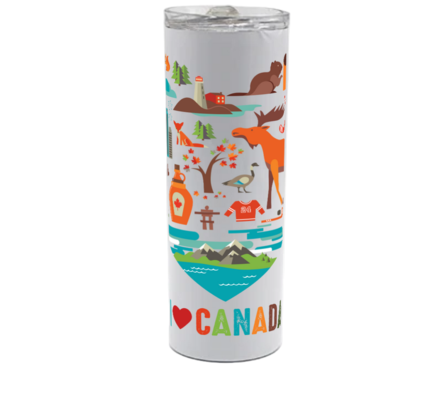 Tumbler with a Canadian-themed design featuring animals and landscapes on a white background above text that reads "I heart Canada"