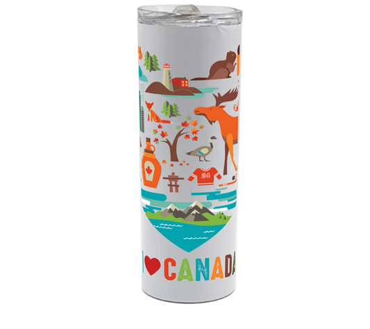 Tumbler with a Canadian-themed design featuring animals and landscapes on a white background above text that reads "I heart Canada"