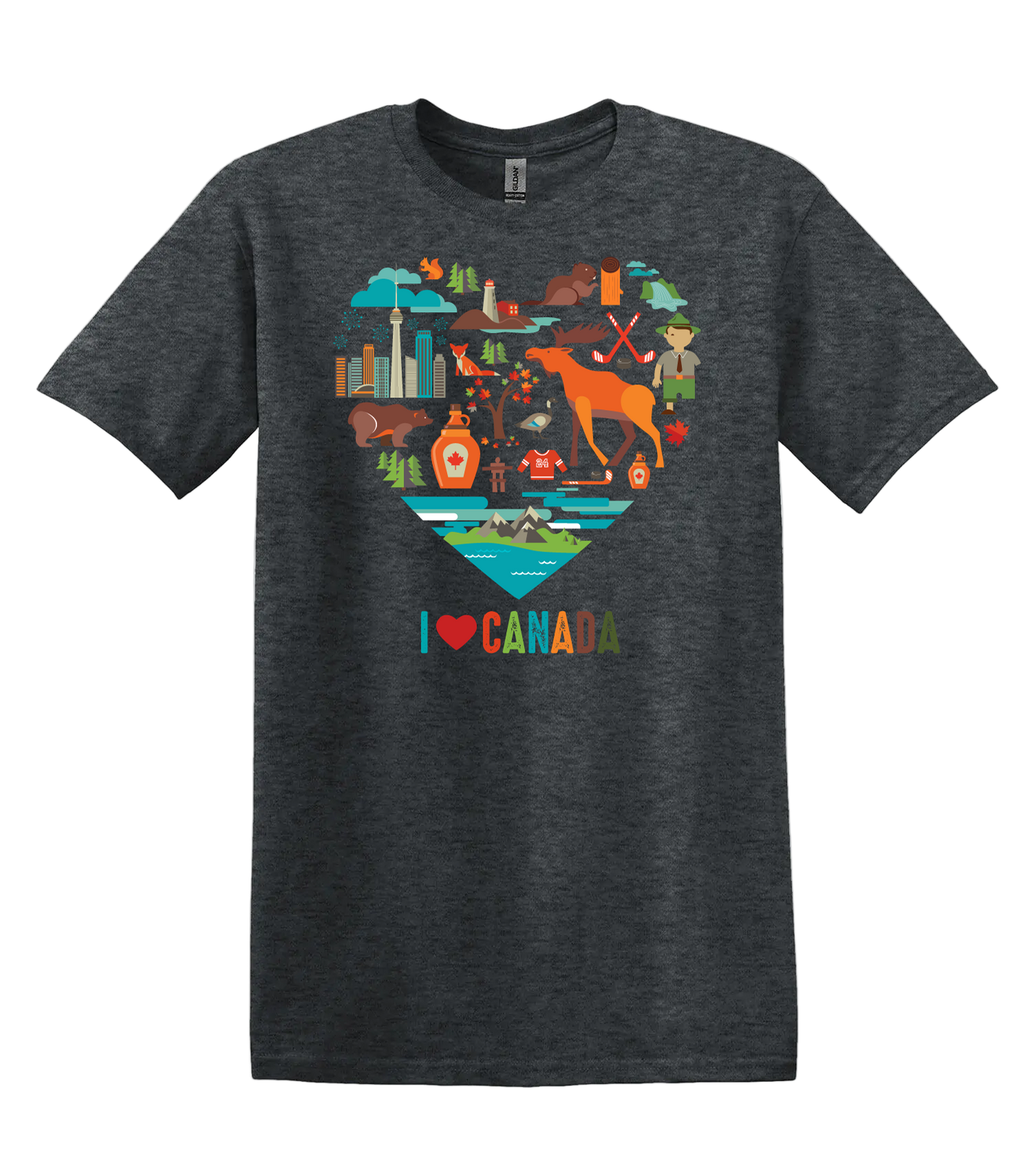 Grey unisex tshirt featuring a design with Canadian landmarks, icons, and animals in the shape of a heart, alongside text that reads "I heart Canada"