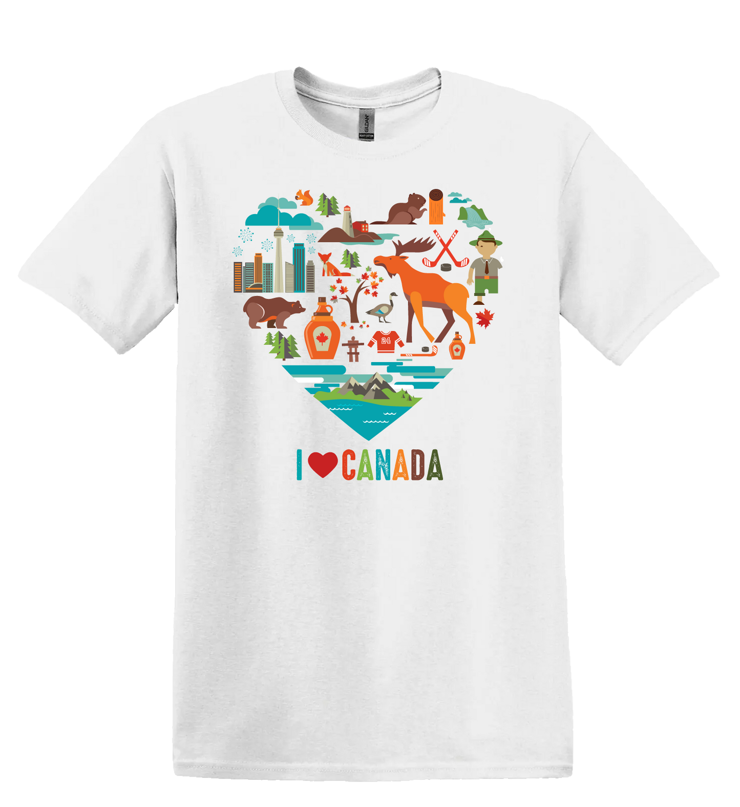 White unisex tshirt featuring a design with Canadian landmarks, icons, and animals in the shape of a heart, alongside text that reads "I heart Canada"
