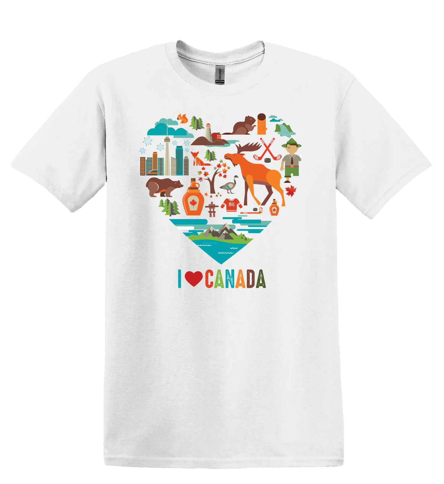White unisex tshirt featuring a design with Canadian landmarks, icons, and animals in the shape of a heart, alongside text that reads "I heart Canada"