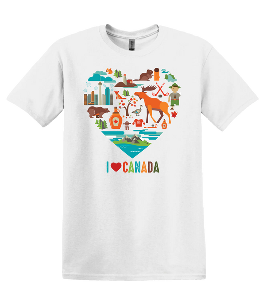 White unisex tshirt featuring a design with Canadian landmarks, icons, and animals in the shape of a heart, alongside text that reads "I heart Canada"