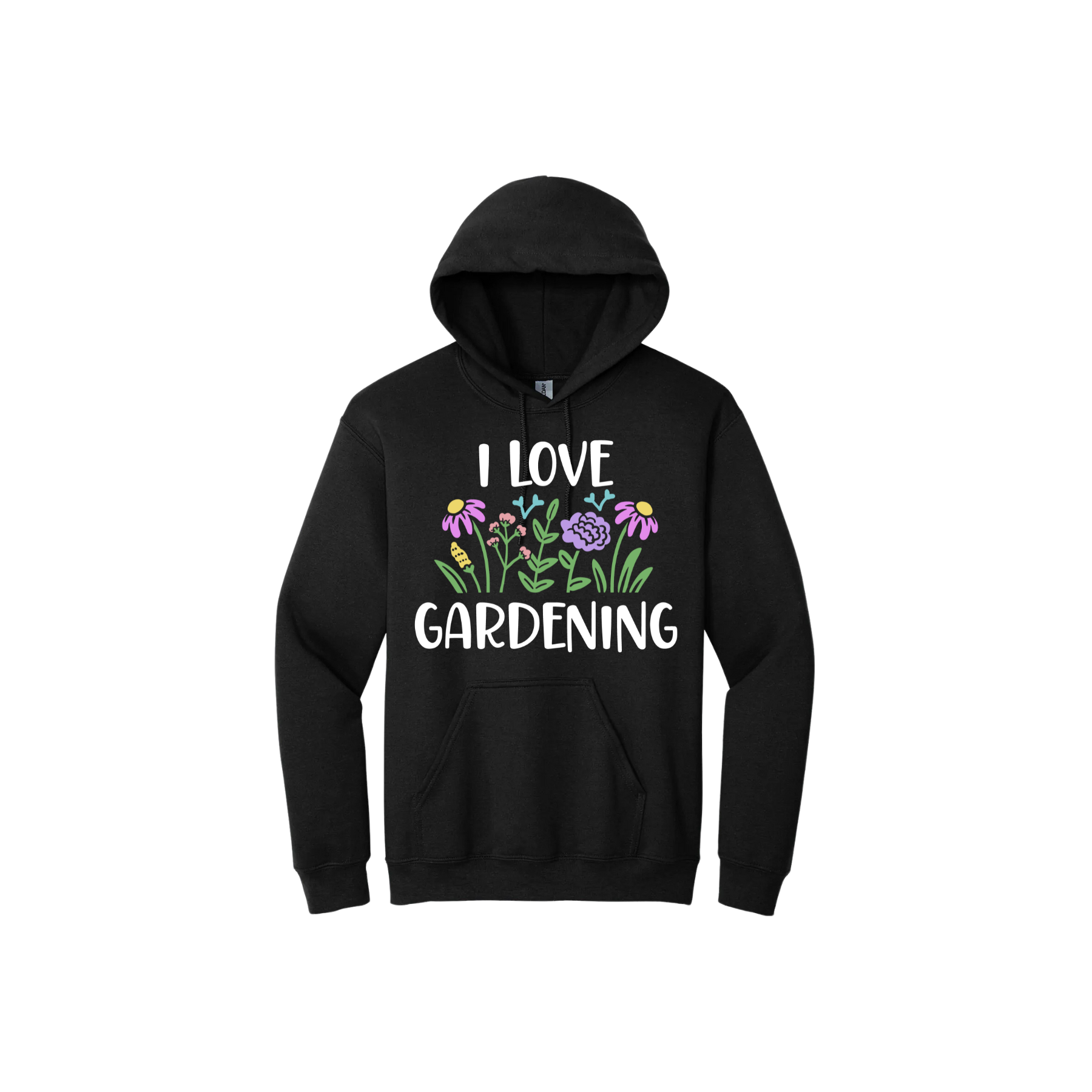 Black unisex hoodie with text that reads 'I love gardening' with graphics of flowers.