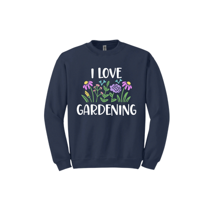 Navy unisex sweatshirt with text that reads 'I love gardening' with graphics of flowers.