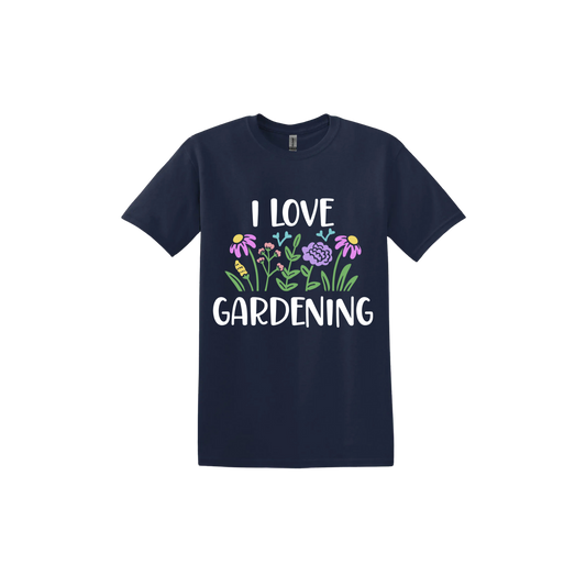 Navy unisex tshirt with text that reads 'I love gardening' with graphics of flowers.