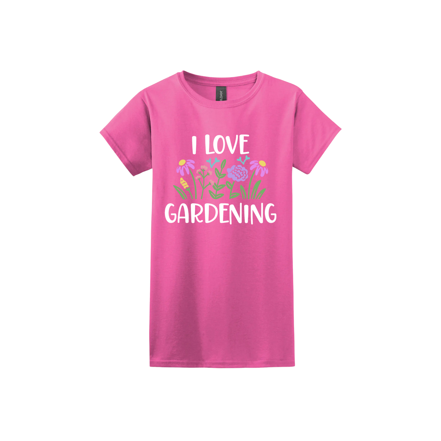Azalea womens tshirt with text that reads 'I love gardening' with graphics of flowers.