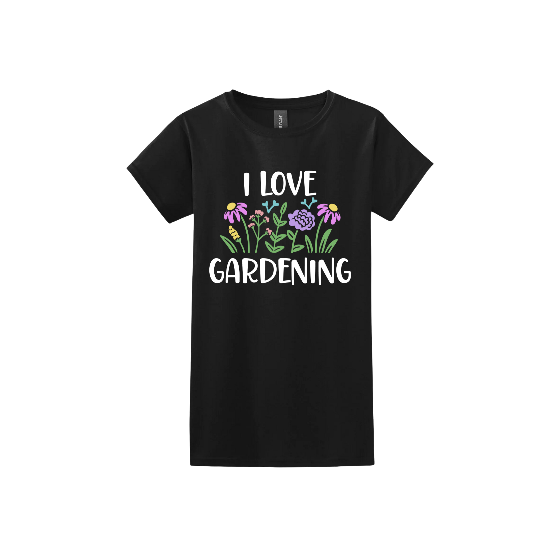 Black womens tshirt with text that reads 'I love gardening' with graphics of flowers.