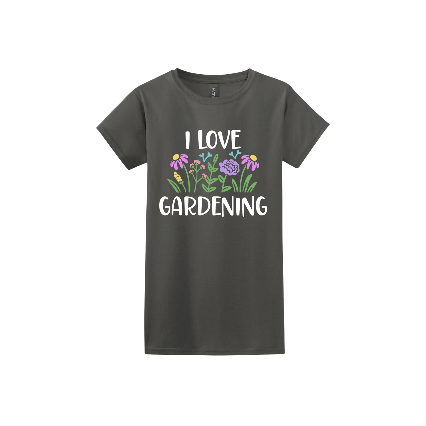 Charcoal womens tshirt with text that reads 'I love gardening' with graphics of flowers.