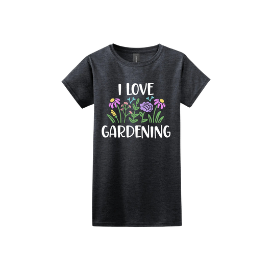 Dark heather womens tshirt with text that reads 'I love gardening' with graphics of flowers.