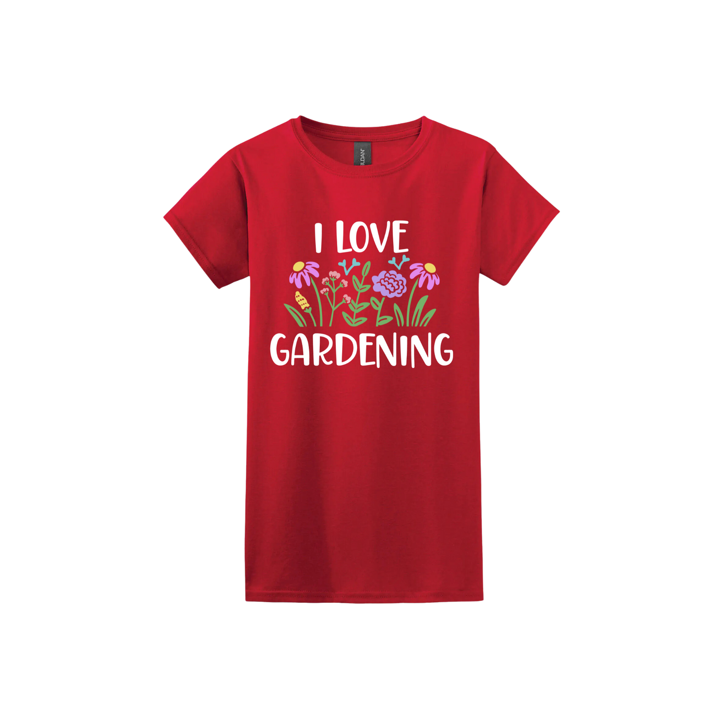 Red womens tshirt with text that reads 'I love gardening' with graphics of flowers.