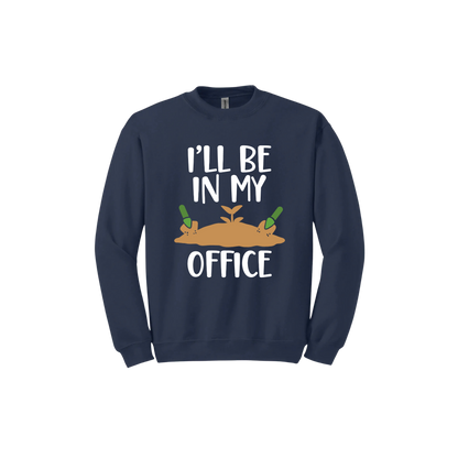 Navy unisex sweatshirt with text reading 'I'll be in my office' alongside a graphic of dirt with two green shovels.