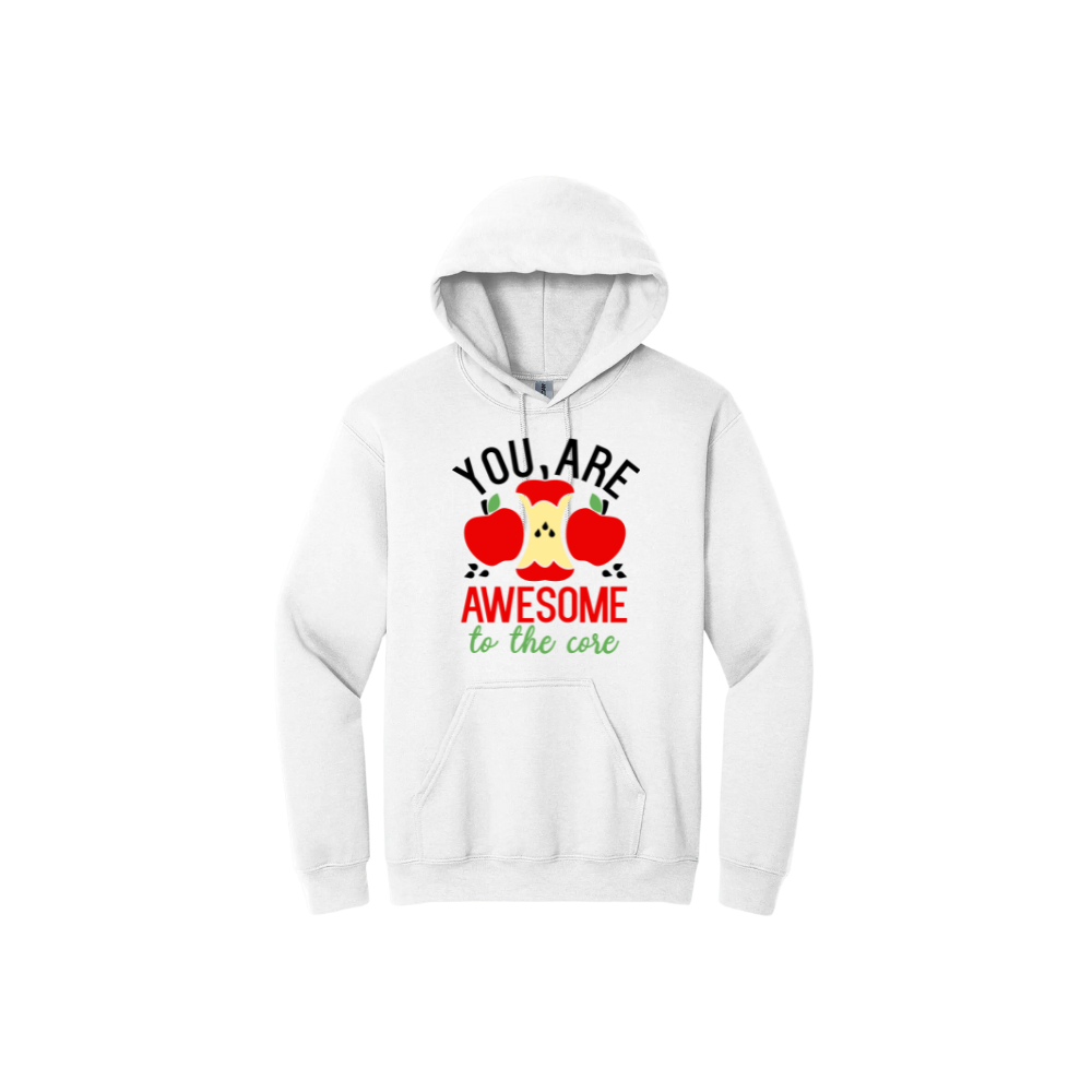 White hoodie with 'You are awesome to the core' text and an apple graphic.