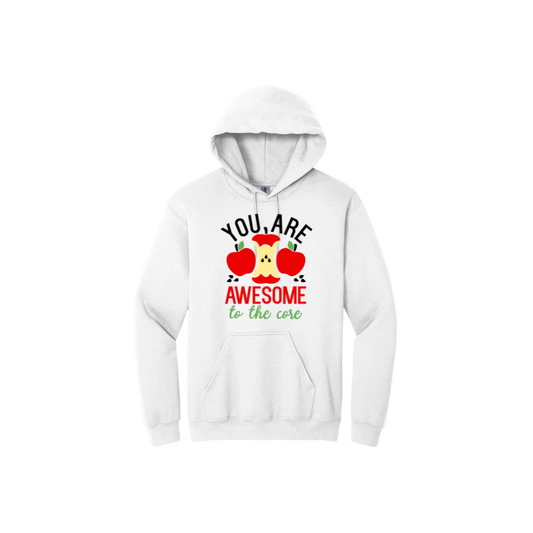 White hoodie with 'You are awesome to the core' text and an apple graphic.