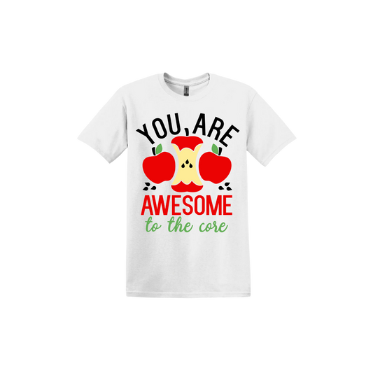 White unisex tshirt with 'You are awesome to the core' text and an apple graphic.