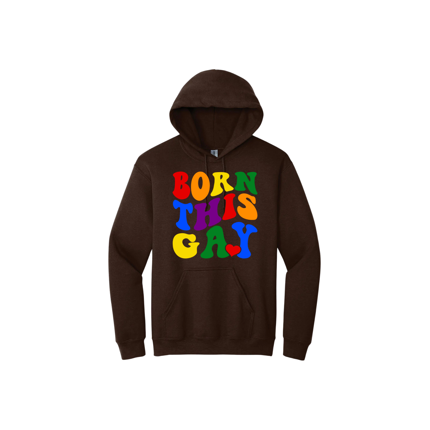 Brown hoodie with colorful text reading 'Born This Gay'.