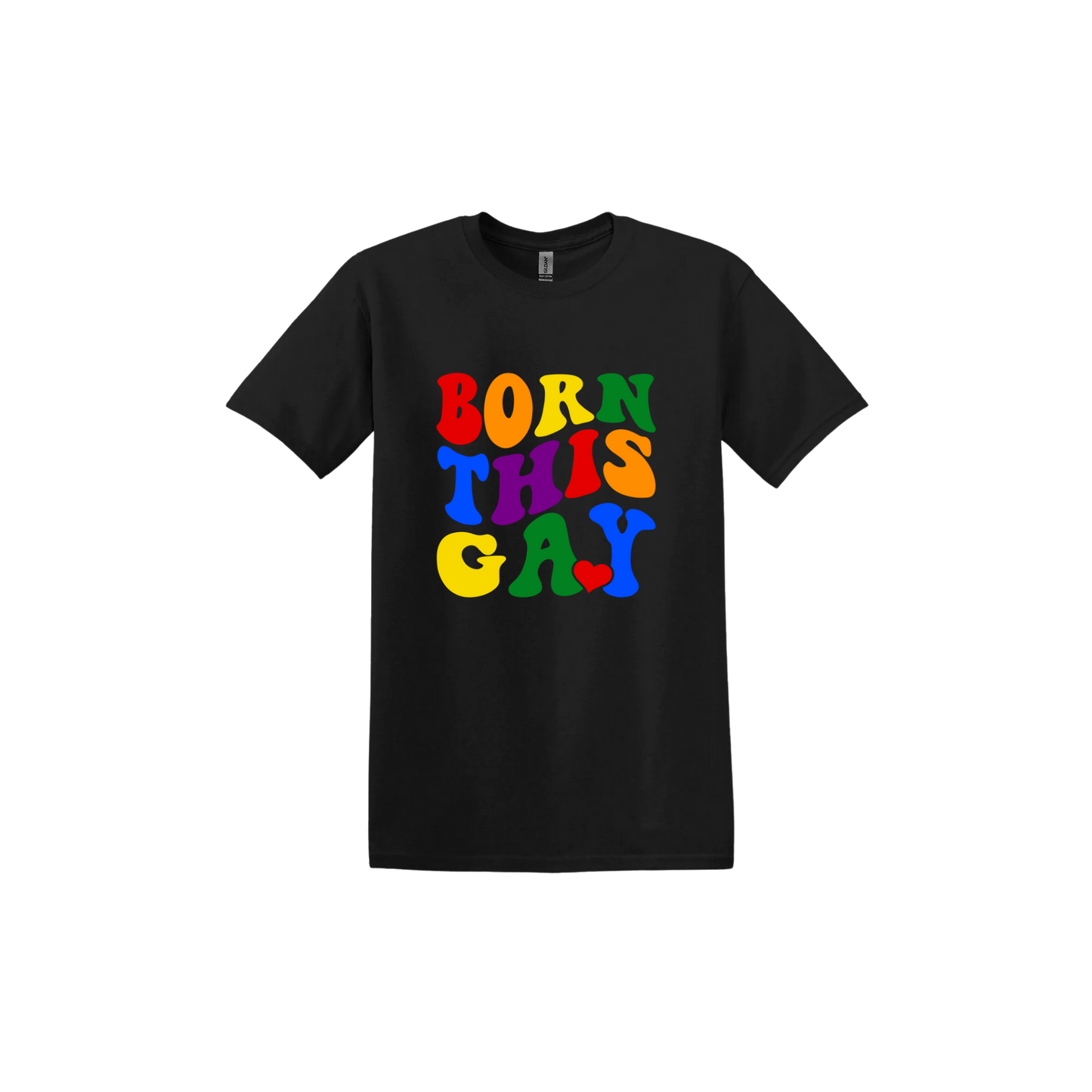 Black unisex tshirt with colorful text reading 'Born This Gay'.