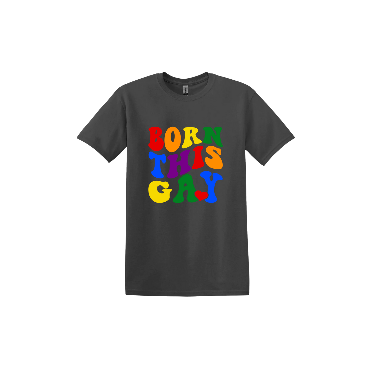 Charcoal unisex tshirt with colorful text reading 'Born This Gay'.