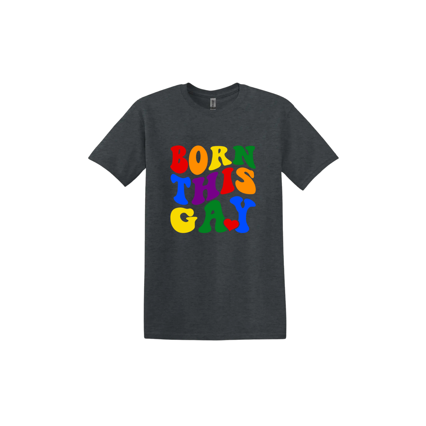 Dark heather unisex tshirt with colorful text reading 'Born This Gay'.