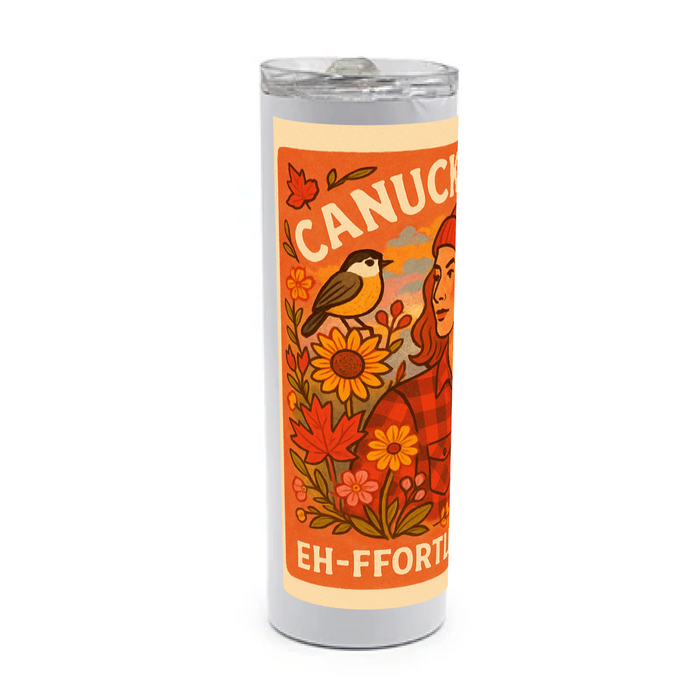 Tumbler with a design of a woman wearing a red toque and plaid shirt, with text 'Canuck Woman' and 'Eh-ffortlessly Cool'.