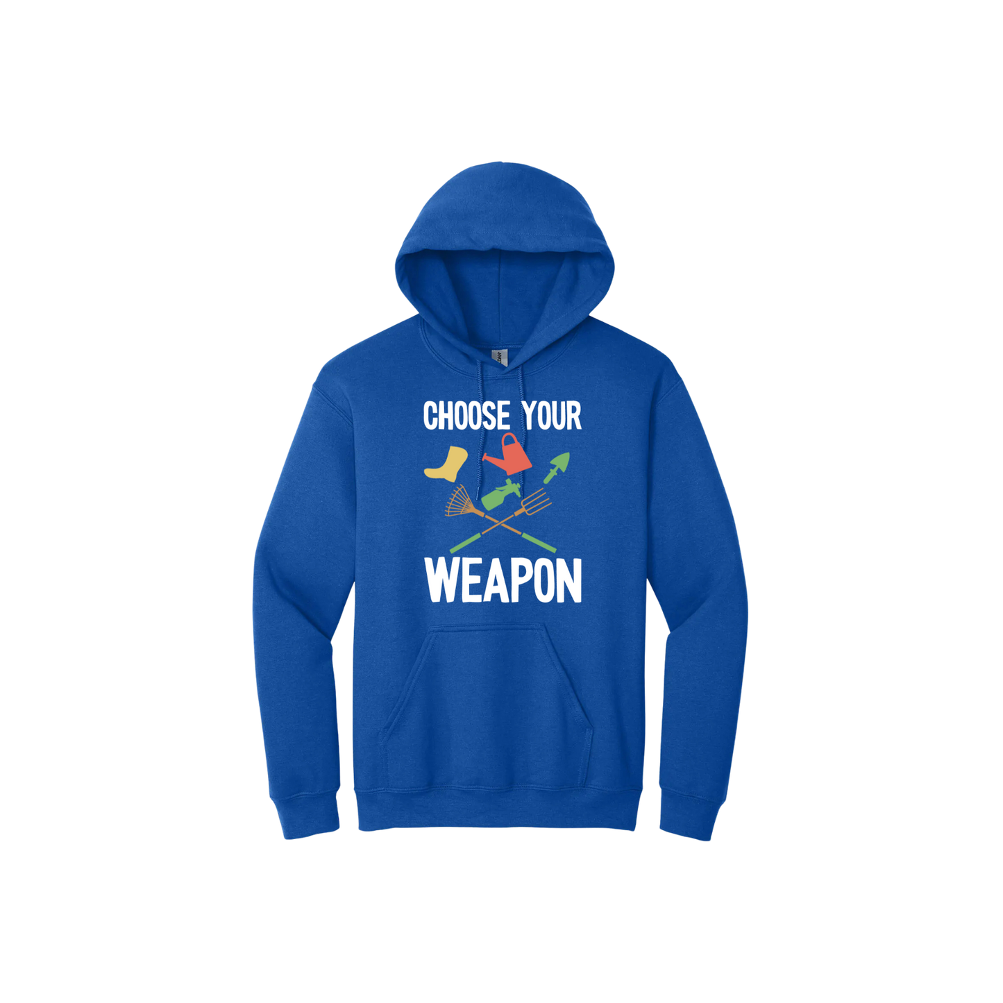 Blue unisex hoodie with text reading 'Choose your weapon' surrounded by graphics of various gardening and yard-care tools.