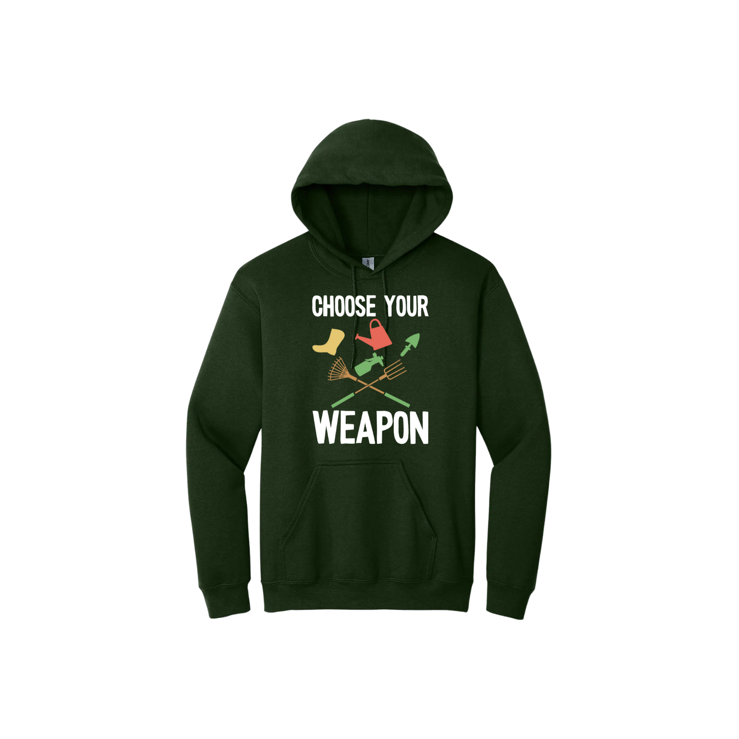 Green unisex hoodie with text reading 'Choose your weapon' surrounded by graphics of various gardening and yard-care tools.