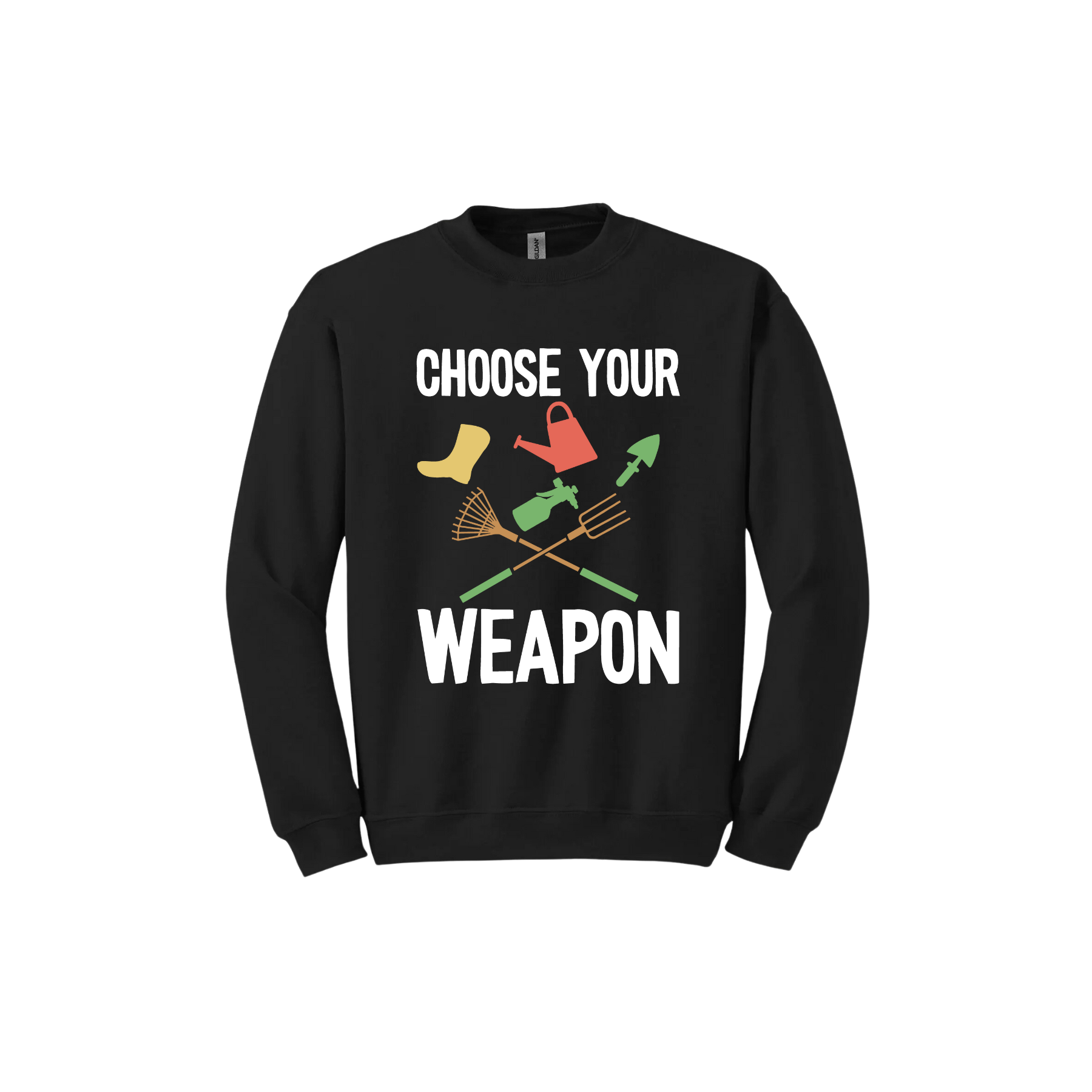 A black 'Choose Your Weapon' unisex sweatshirt with text and graphic design on the front.