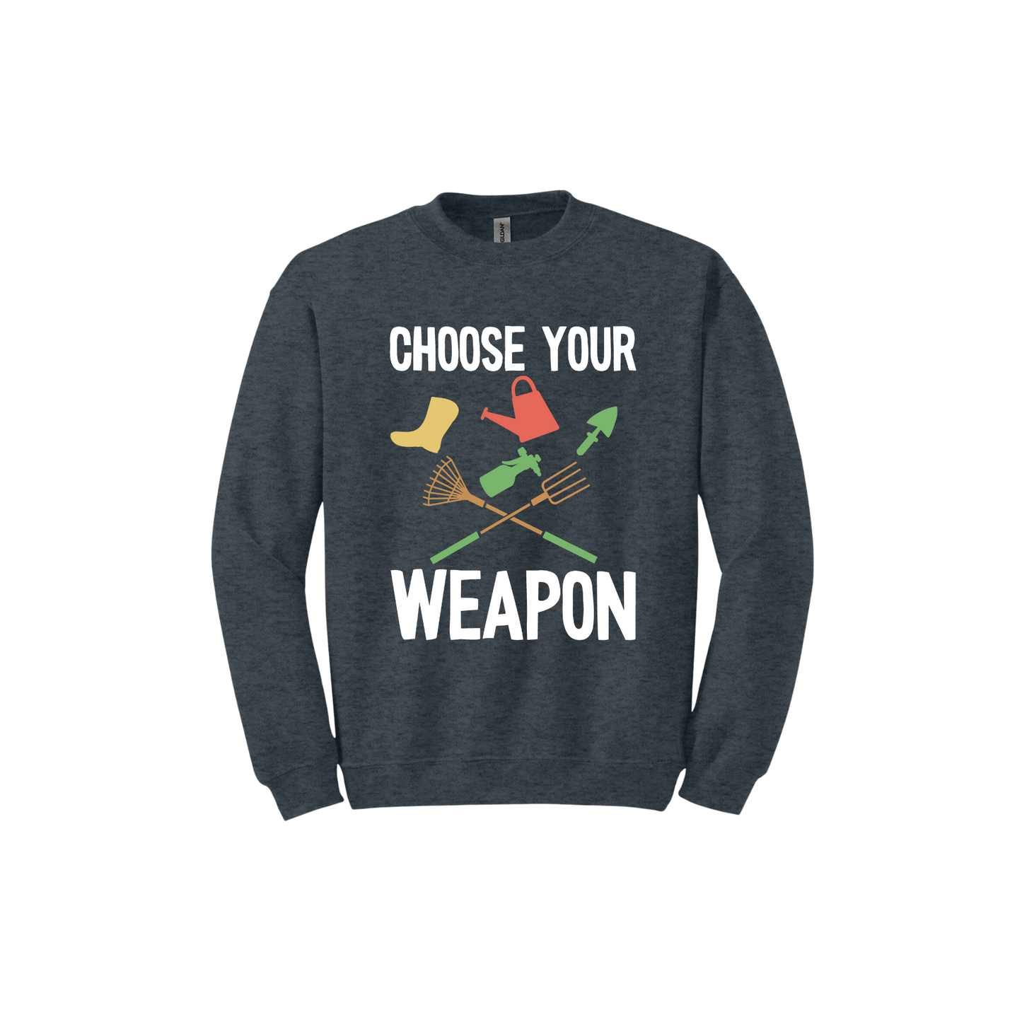 A dark heather 'Choose Your Weapon' unisex sweatshirt with text and graphic design on the front.