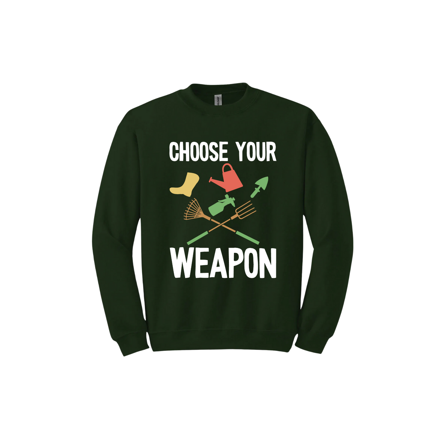A forest green 'Choose Your Weapon' unisex t-shirt with text and graphic design on the front.
