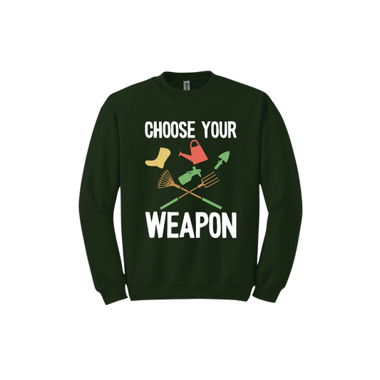 A forest green 'Choose Your Weapon' unisex t-shirt with text and graphic design on the front.