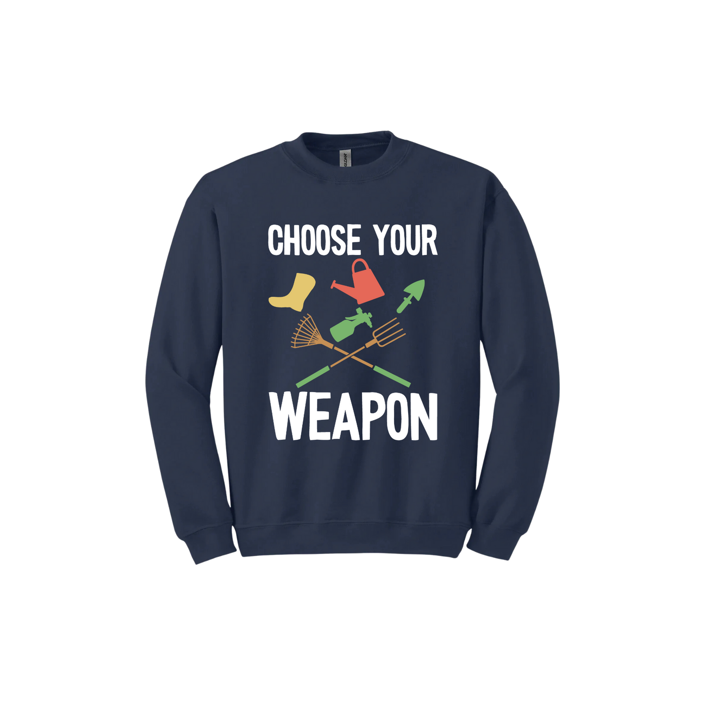 A navy 'Choose Your Weapon' unisex sweatshirt with text and graphic design on the front.