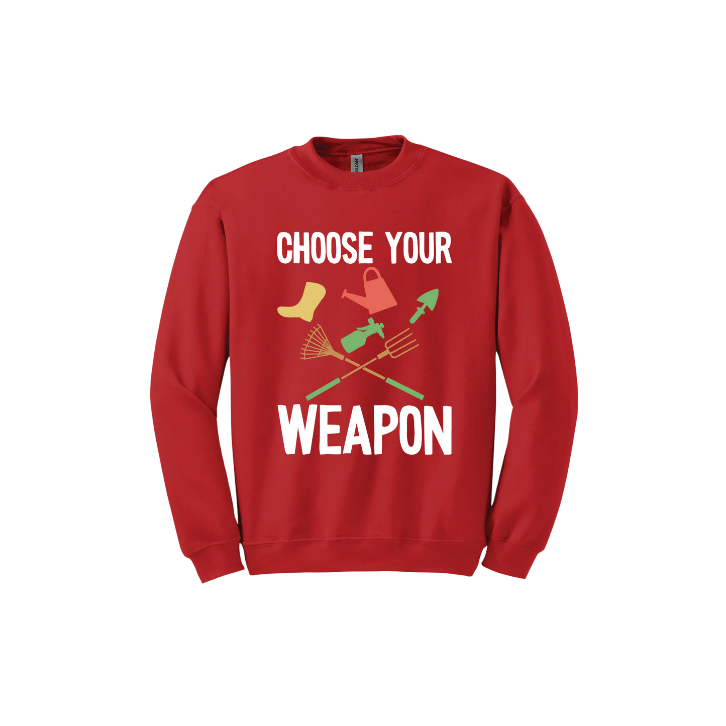 A red 'Choose Your Weapon' unisex sweatshirt with text and graphic design on the front.