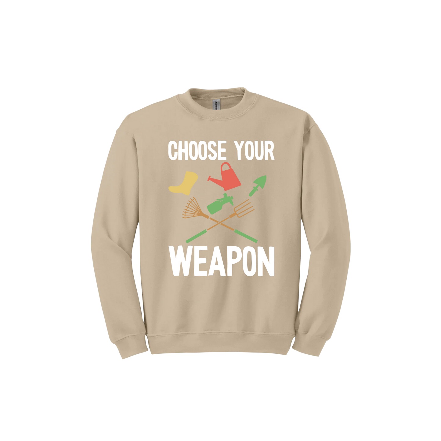 A sand 'Choose Your Weapon' unisex sweatshirt with text and graphic design on the front.