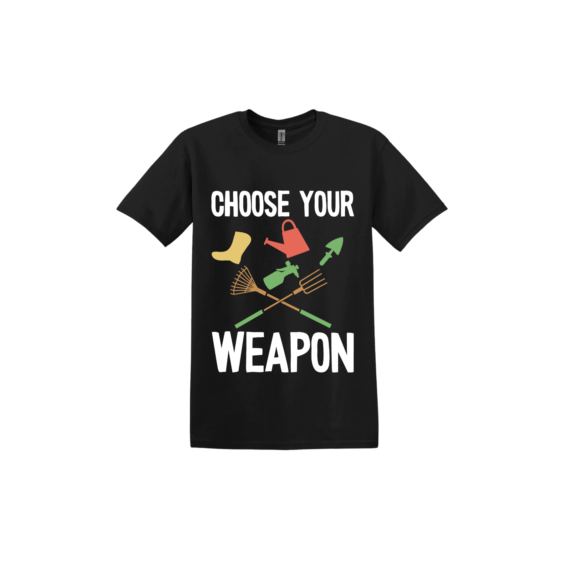 A black 'Choose Your Weapon' unisex t-shirt with text and graphic design on the front.