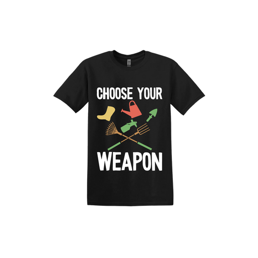 A black 'Choose Your Weapon' unisex t-shirt with text and graphic design on the front.