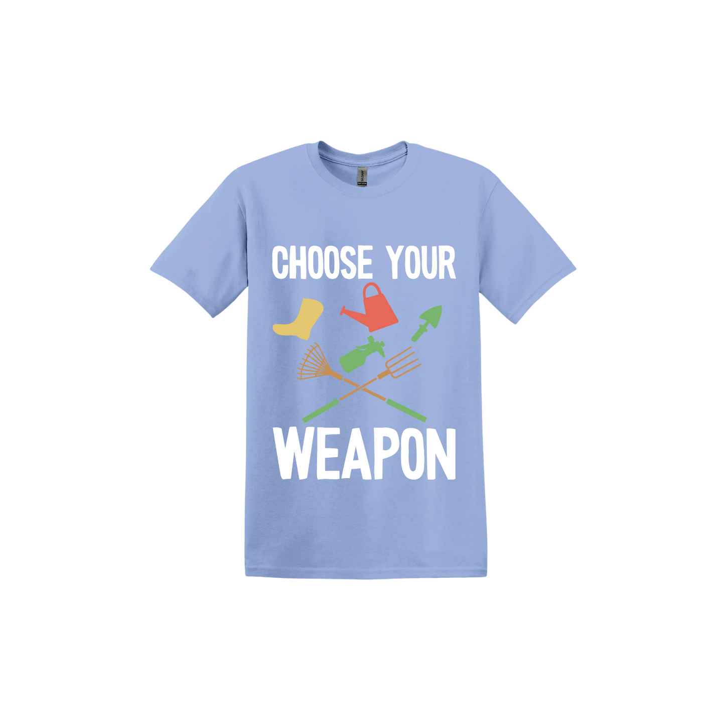 A carolina blue 'Choose Your Weapon' unisex t-shirt with text and graphic design on the front.