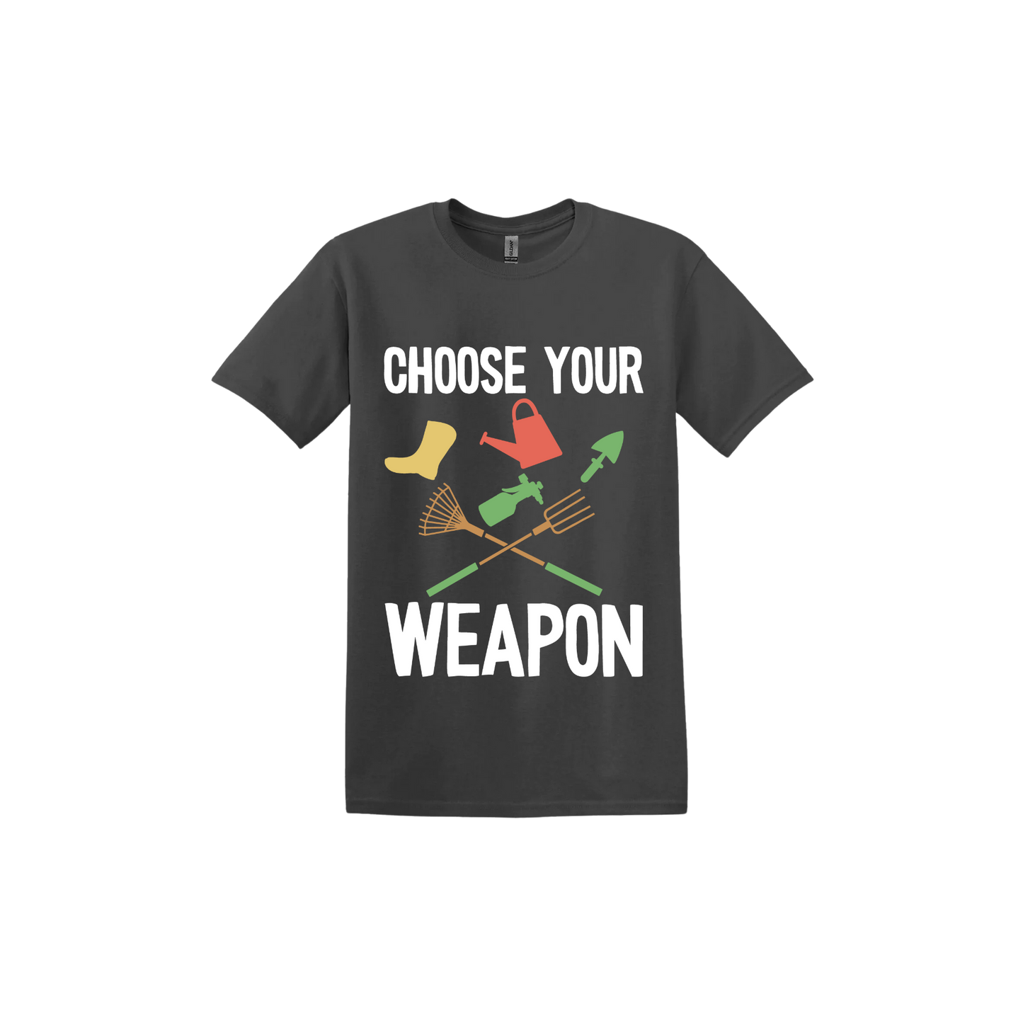 A charcoal 'Choose Your Weapon' unisex t-shirt with text and graphic design on the front.