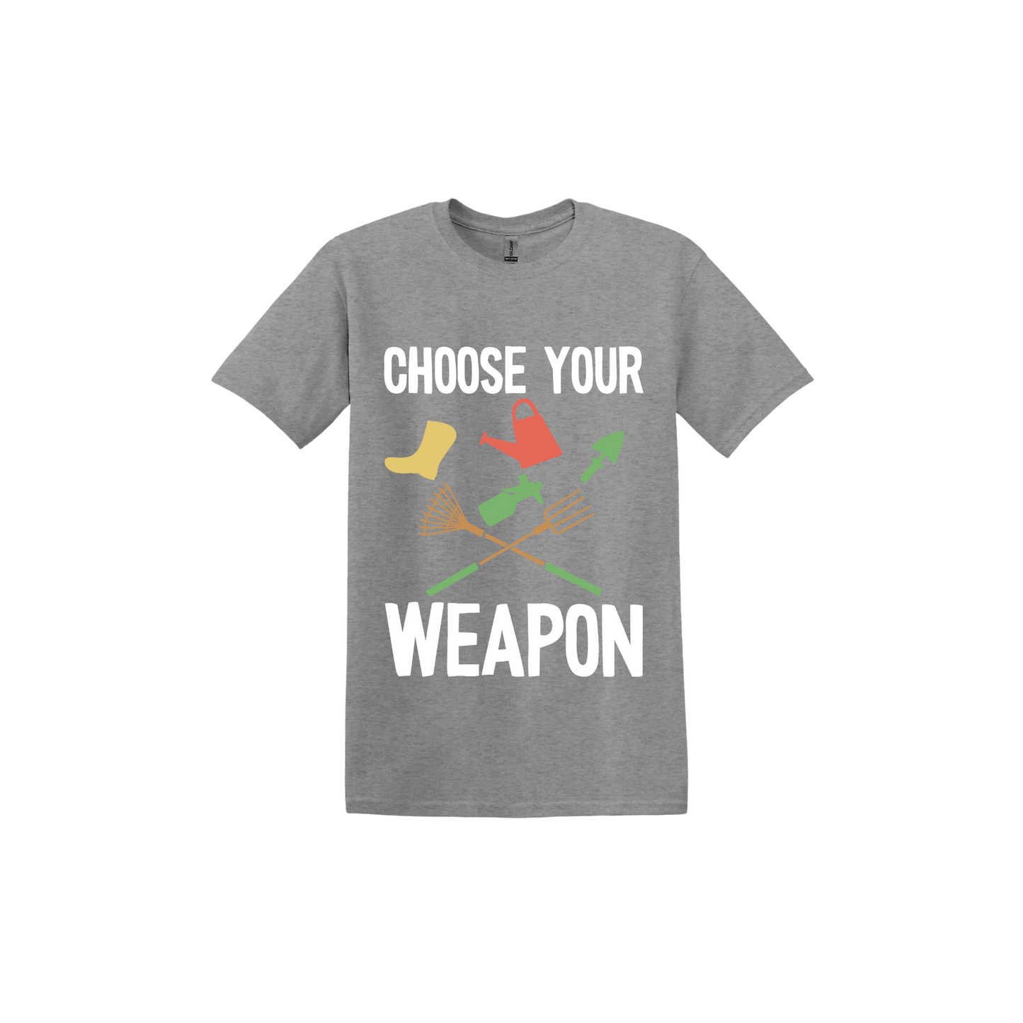 A graphite 'Choose Your Weapon' unisex t-shirt with text and graphic design on the front.