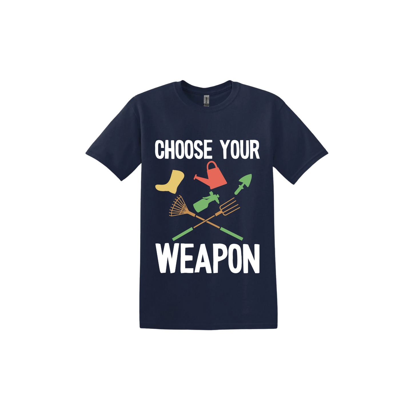 A navy 'Choose Your Weapon' unisex t-shirt with text and graphic design on the front.