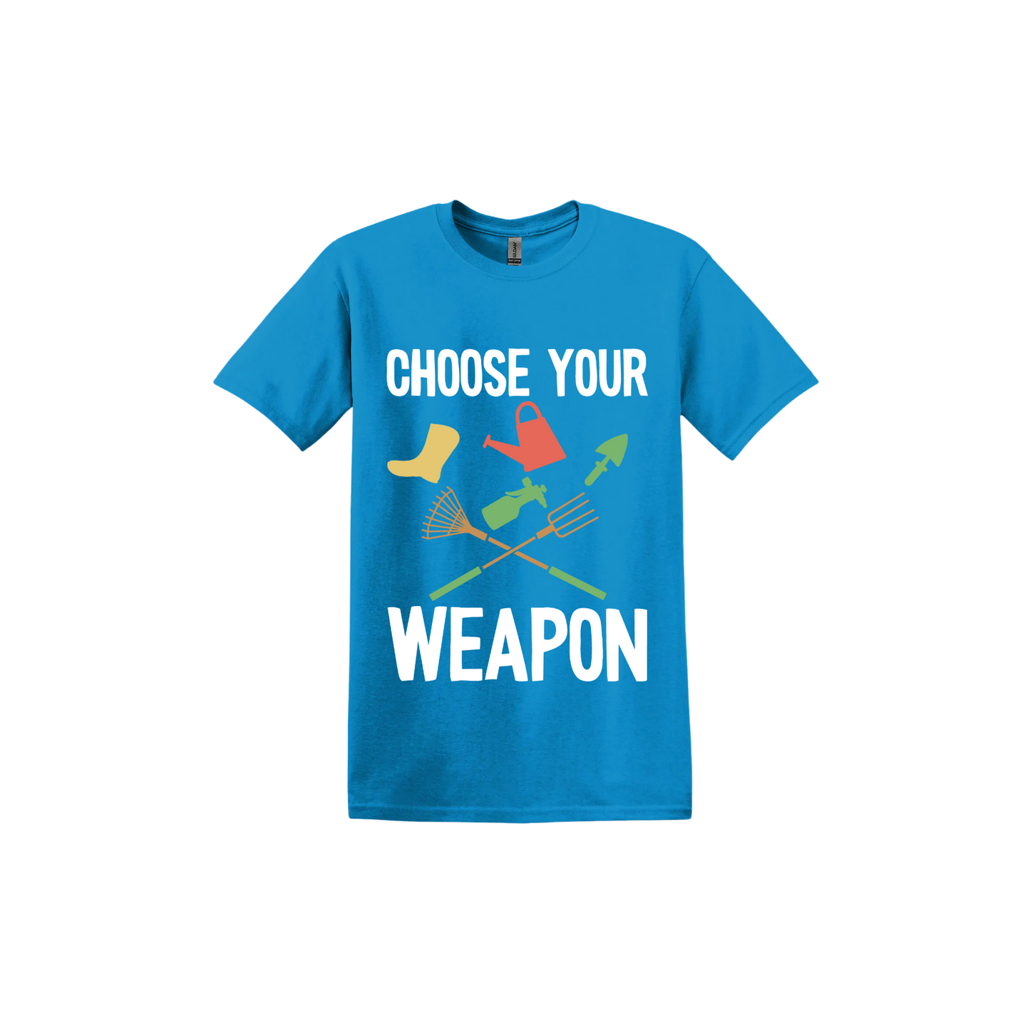 A sapphire 'Choose Your Weapon' unisex t-shirt with text and graphic design on the front.