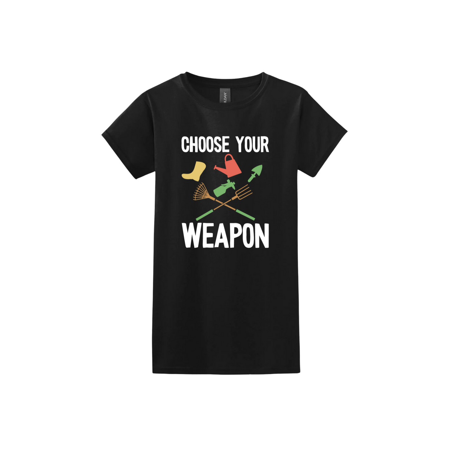 Black womens tshirt with text reading 'Choose your weapon' surrounded by graphics of various gardening and yard-care tools.